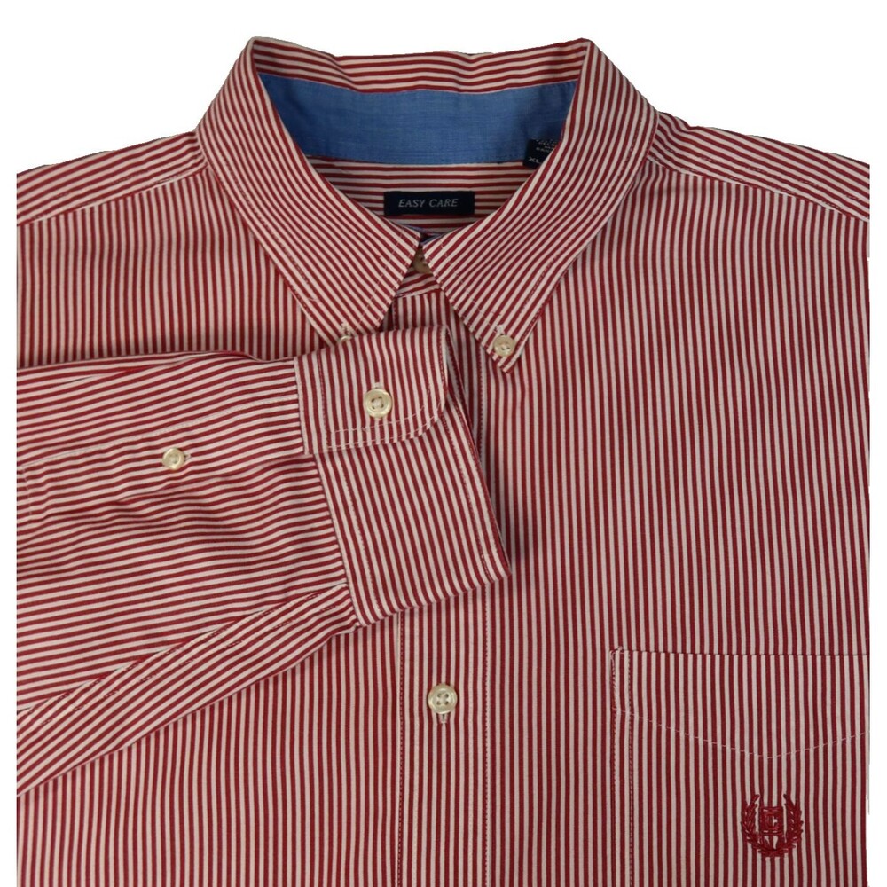 CHAPS Button Down Shirt Mens XL Red White Striped Long Sleeve Easy Care Stretch
